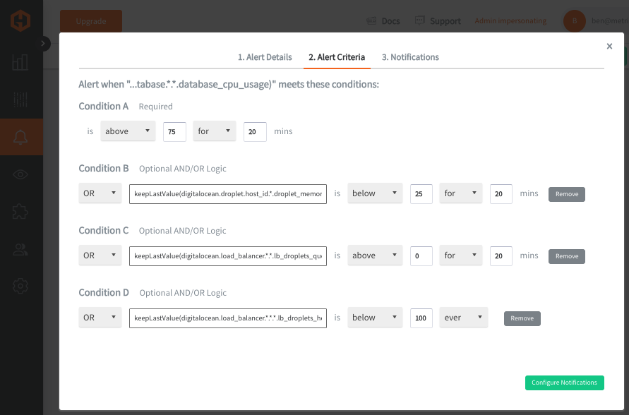 Composite alert configuration for DigitalOcean service health