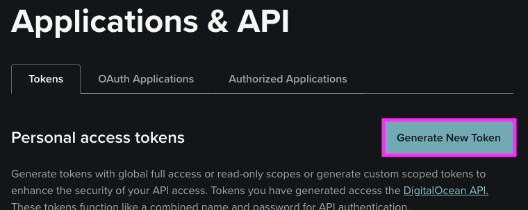 Create a DigitalOcean personal access token for metrics access