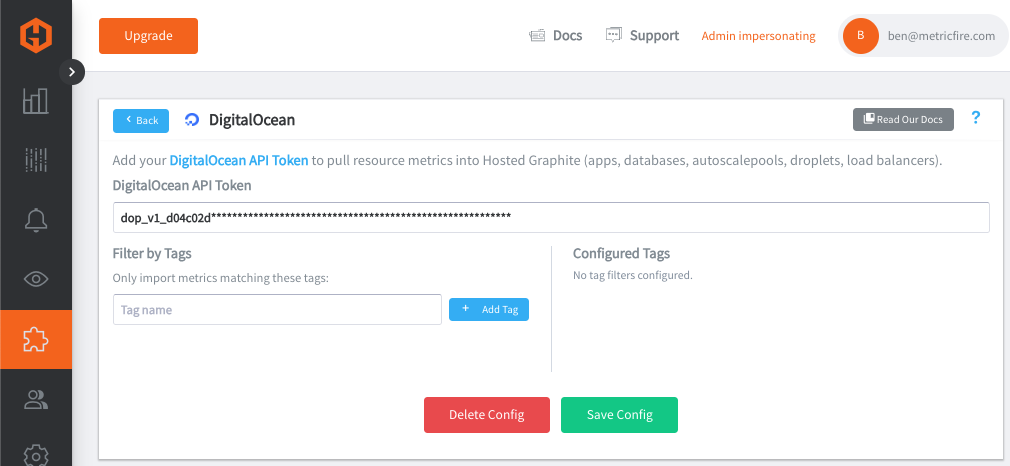 Hosted Graphite DigitalOcean integration configuration with API token and filters
