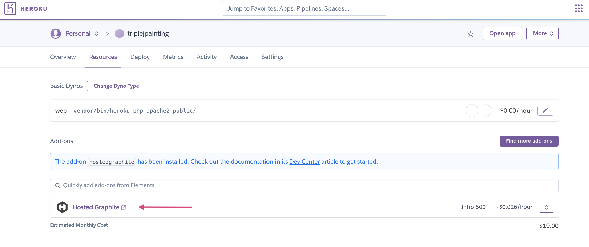 Heroku UI showing Hosted Graphite add-on