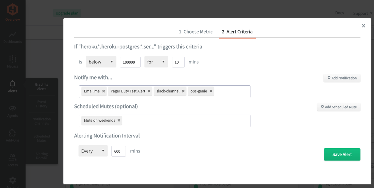 Setting alert criteria in Hosted Graphite