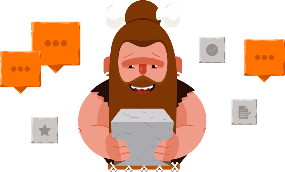 A caveman with various stone tablets