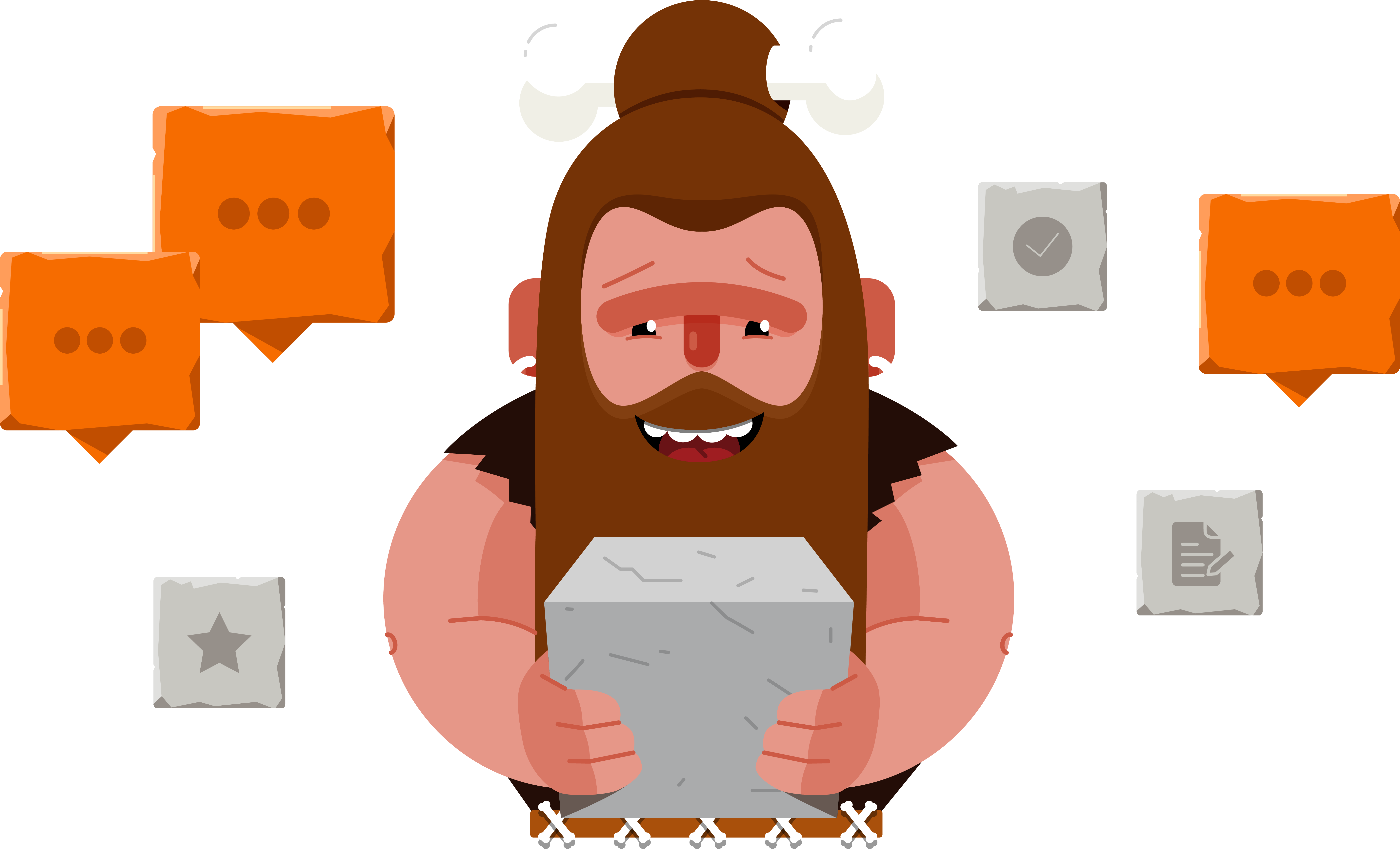 A caveman with various stone tablets